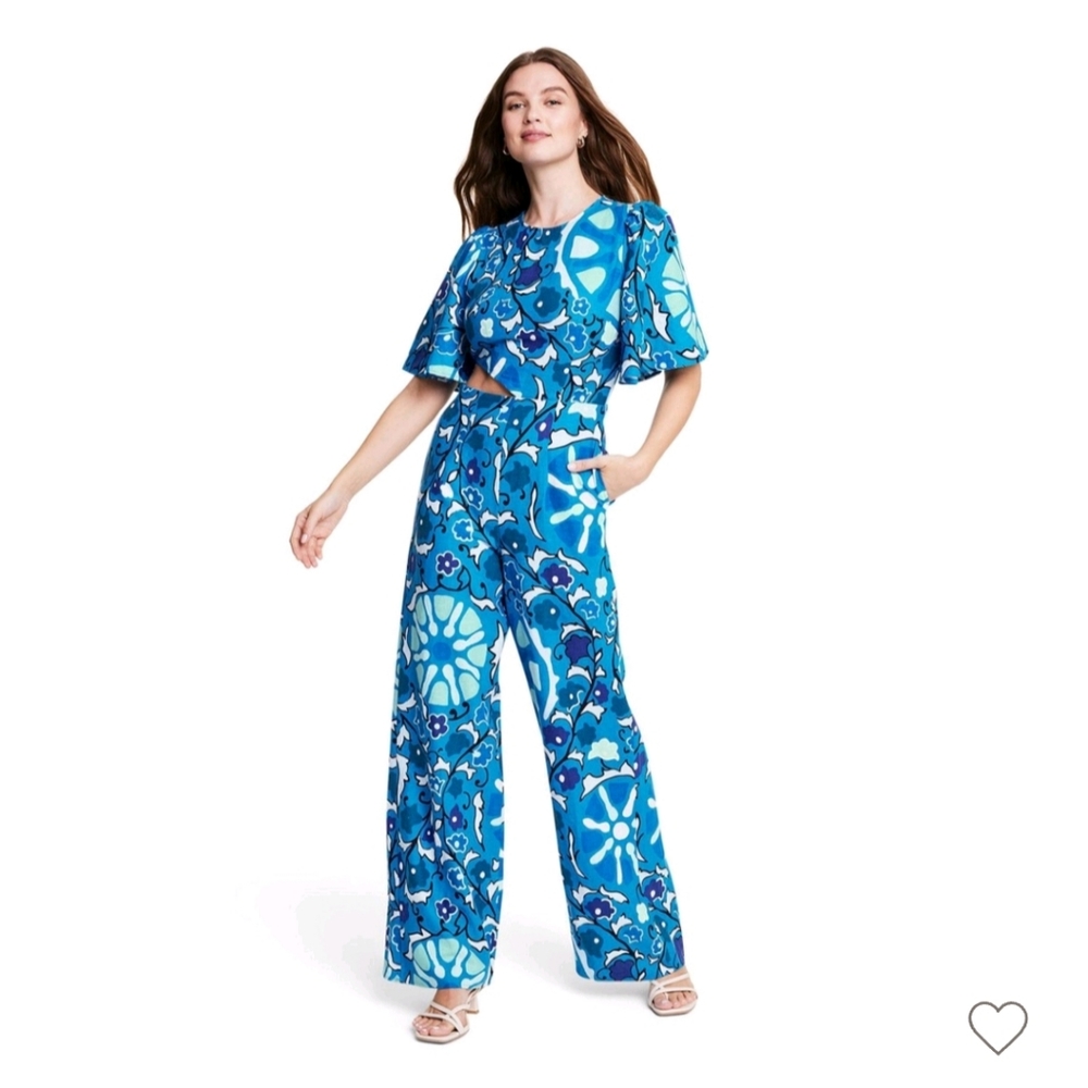Rhode Target Floral Bell Sleeve Womens Large Linen Blend Blue Jumpsuit